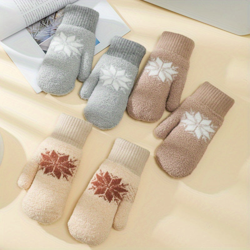 1 Pair Cashmere-Blend Knitted Mittens - Soft Beige Snowflake Design Winter Gloves, Thick Warm & Windproof for Outdoor Use, Hand Wash or Dry Clean, Winter Clothes